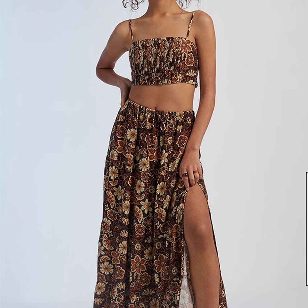 Rhythm Brown Floral A-Line Maxi Skirt with Slit